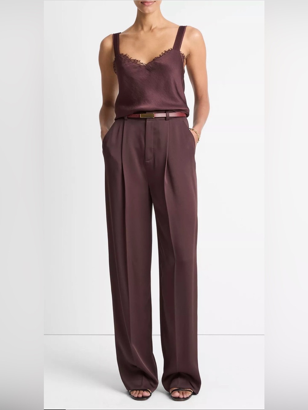 Vince. Satin Pleated Wide-Leg Trouser
Style # V135622435 dark fig size 14 NWT
